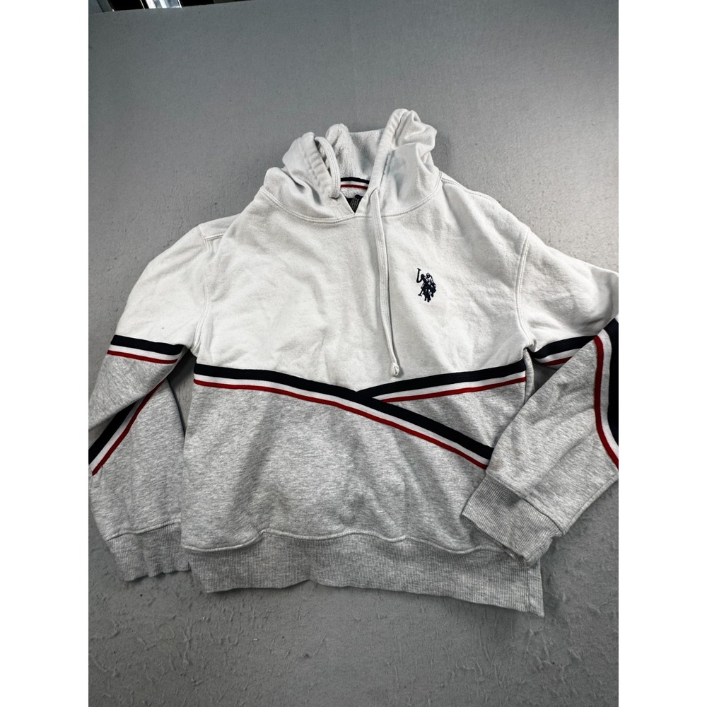 U.S. Polo Assn. Hoodie Womens Medium White Gray Cotton Fleece Lined Pullover